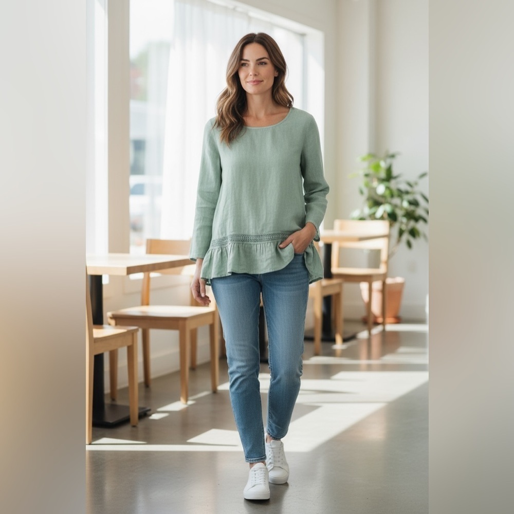 Terzo Millennio 100% Linen Green Top Roll Up Sleeves Blouse Relaxed Fit size L